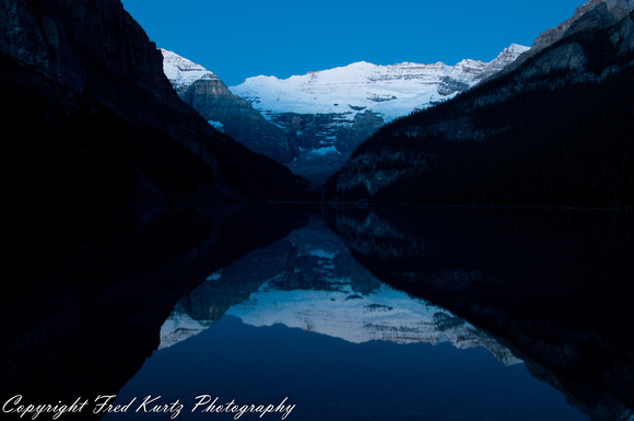 Sunrise.  Victoria Glacier.  Lake Louise hotel in Banff NP.  Alberta.